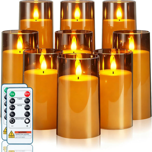 Gray Flickering Flameless Candles, Battery Operated Acrylic LED Pillar Candles with Remote Control and Timer, Halloween Decor, Set of 9