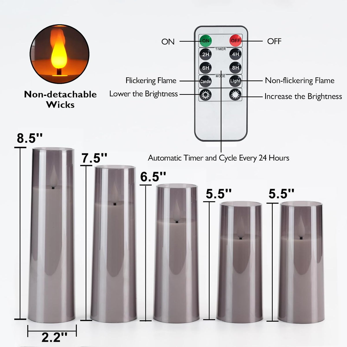 Flameless LED Battery Operated Candles with Remote Timer, Grey