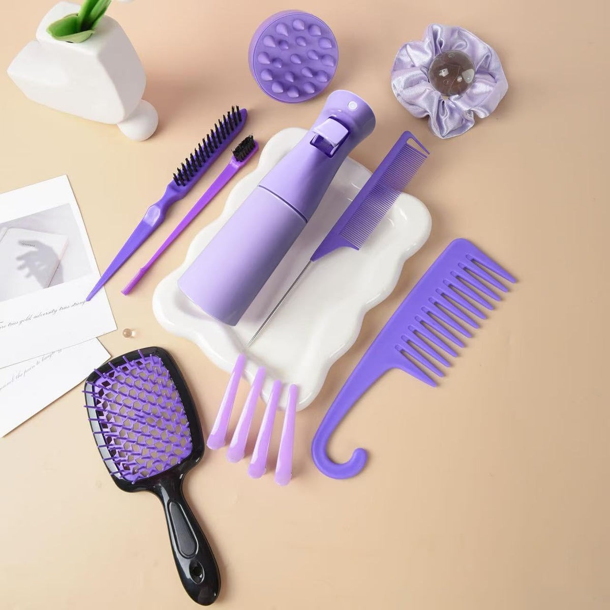 12 Pcs Hair Brush Set with Continuous Hair Spray Bottle for Women, Rat Tail Combs for Toddlers, Soft Scalp Massager, Detangling Hairbrush for Wet Dry Curly Hair (Purple)
