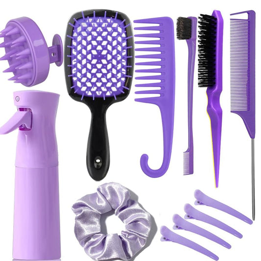 12 Pcs Hair Brush Set with Continuous Hair Spray Bottle for Women, Rat Tail Combs for Toddlers, Soft Scalp Massager, Detangling Hairbrush for Wet Dry Curly Hair (Purple)