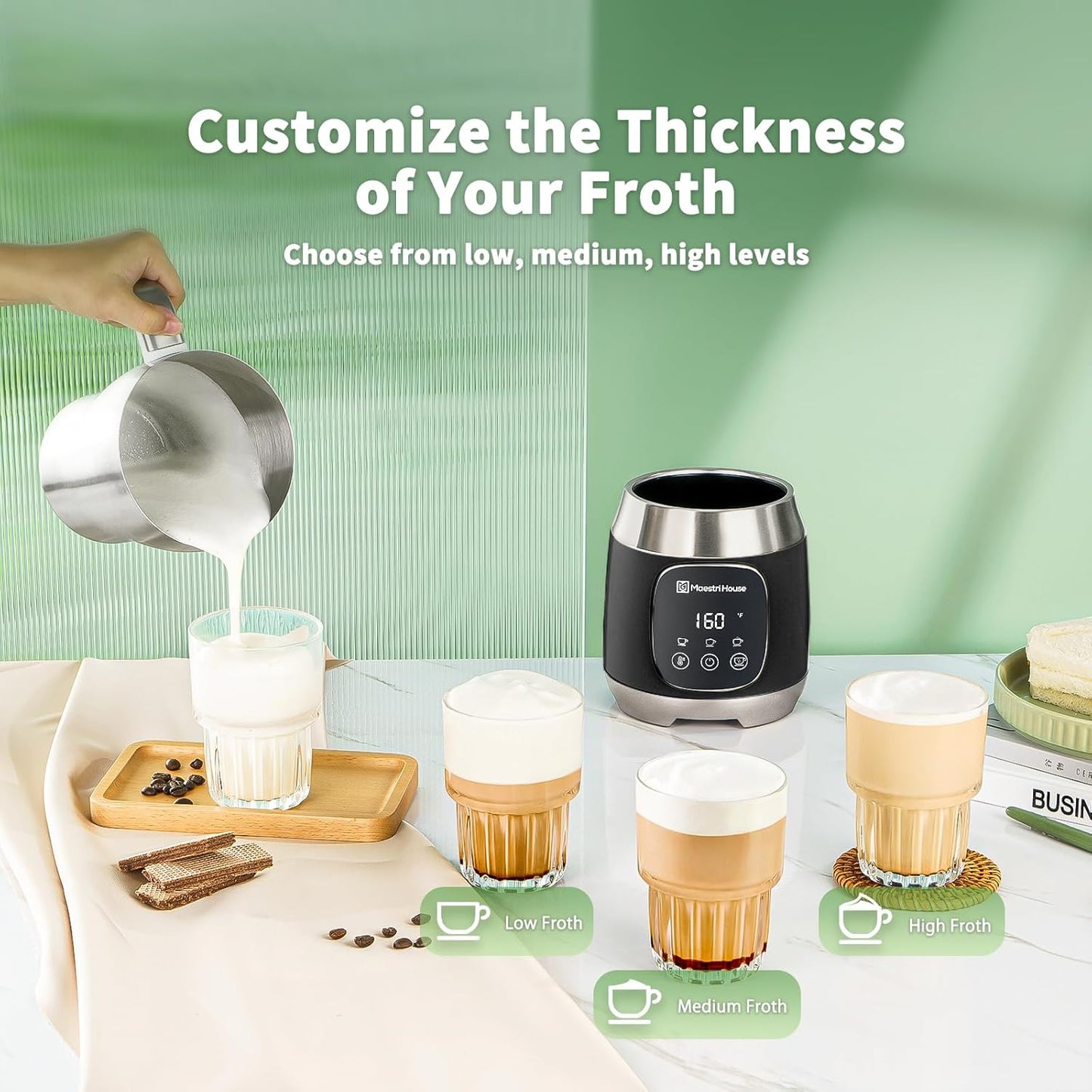 Variable Temp and Froth Thickness Dualfro 600 Milk Frother Steamer Black+ Matcha Powder