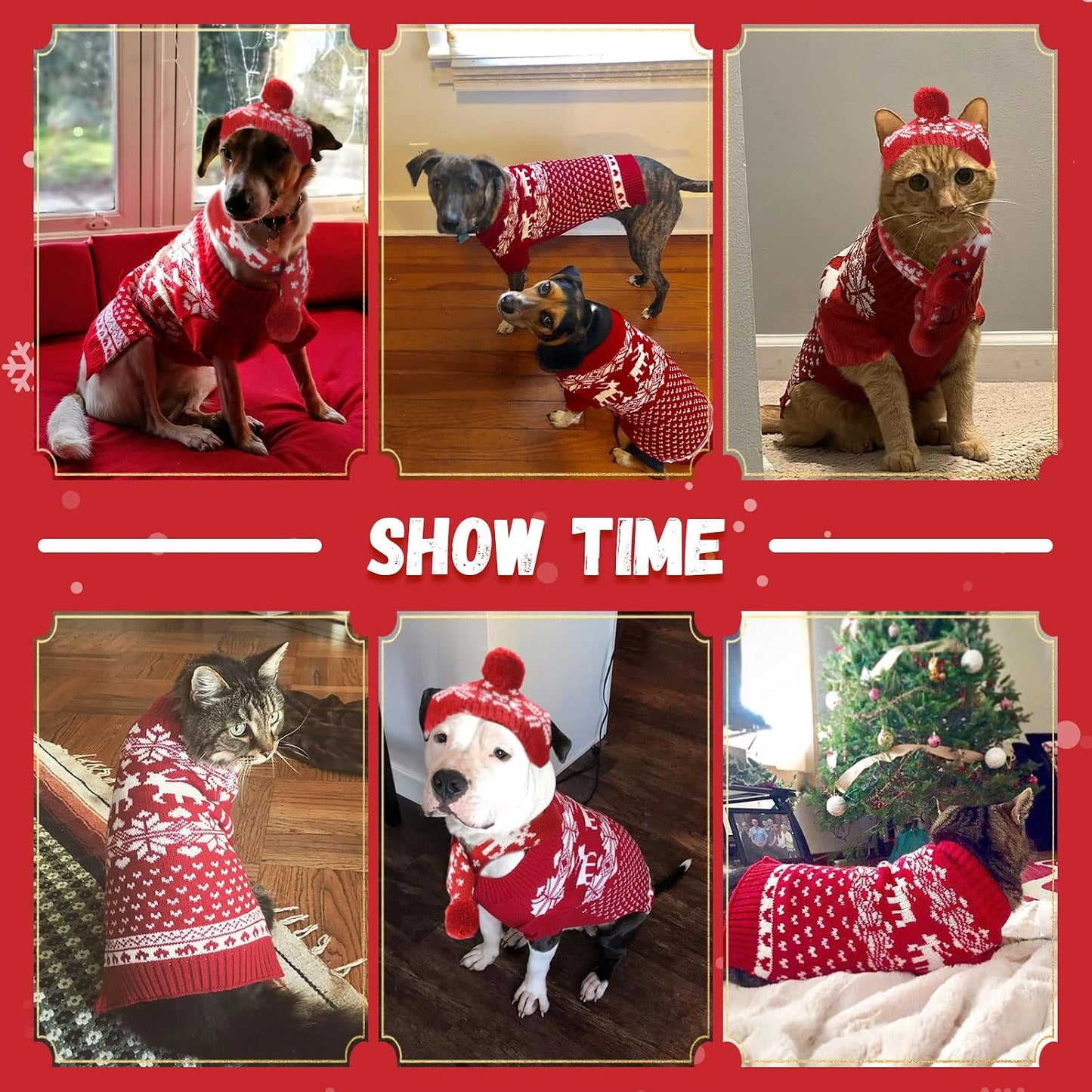 Dog Christmas Outfit 3 PCS Set Pet Xmas Sweater Hat Scarf Snowflake Christmas Dog Cat Sweaters Costume Winter Warm Small Dogs Clothes New Year Holiday Puppy Clothing (Scarf + Hat + Sweater,L)