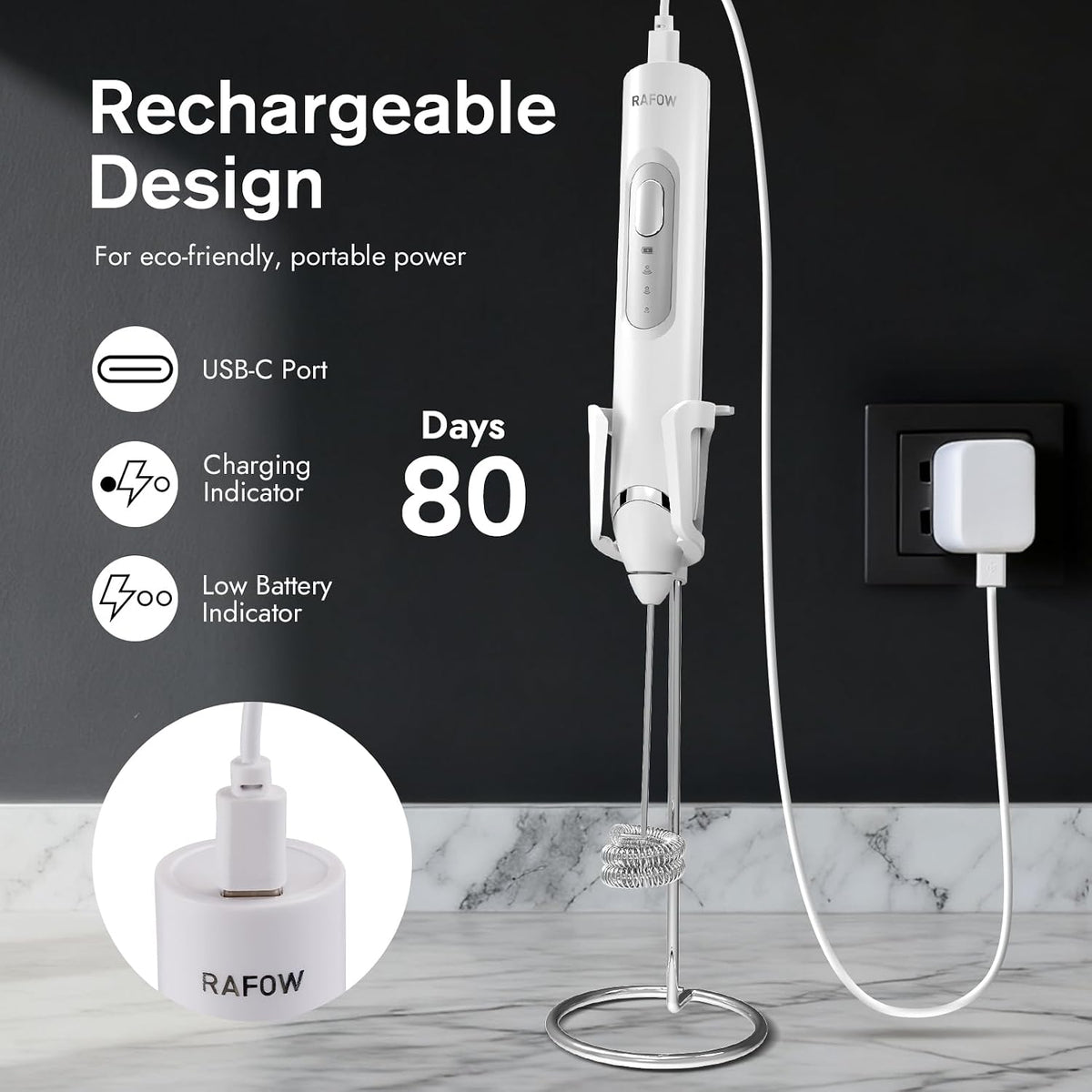 Handheld Electric Milk Frother: Rechargeable Frother Wand with Stand, 3 Speeds & Detachable Double Whisk Drink Mixer, Froth Stirrer for Latte, Cappuccino, Cream, Matcha, Dalgona Coffee - White