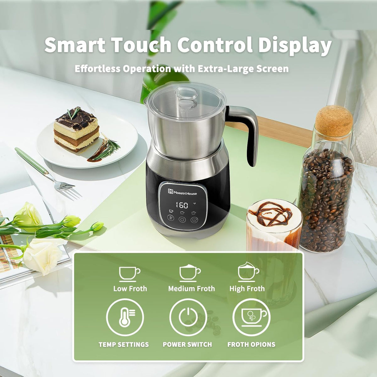 Variable Temp and Froth Thickness Dualfro 600 Milk Frother Steamer Black+ Matcha Powder