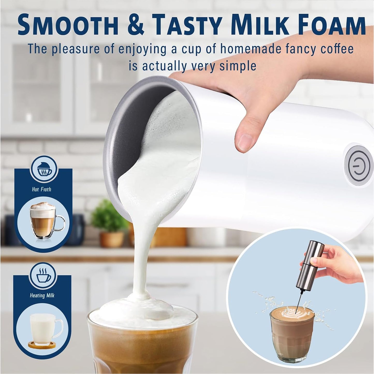 Milk Frother Simple Milk Frother and Steamer 2-In-1 Milk Steamer with Hot Milk Foam and Hot Milk for Latte, Macchiato, Cappuccinos, White （Medium）
