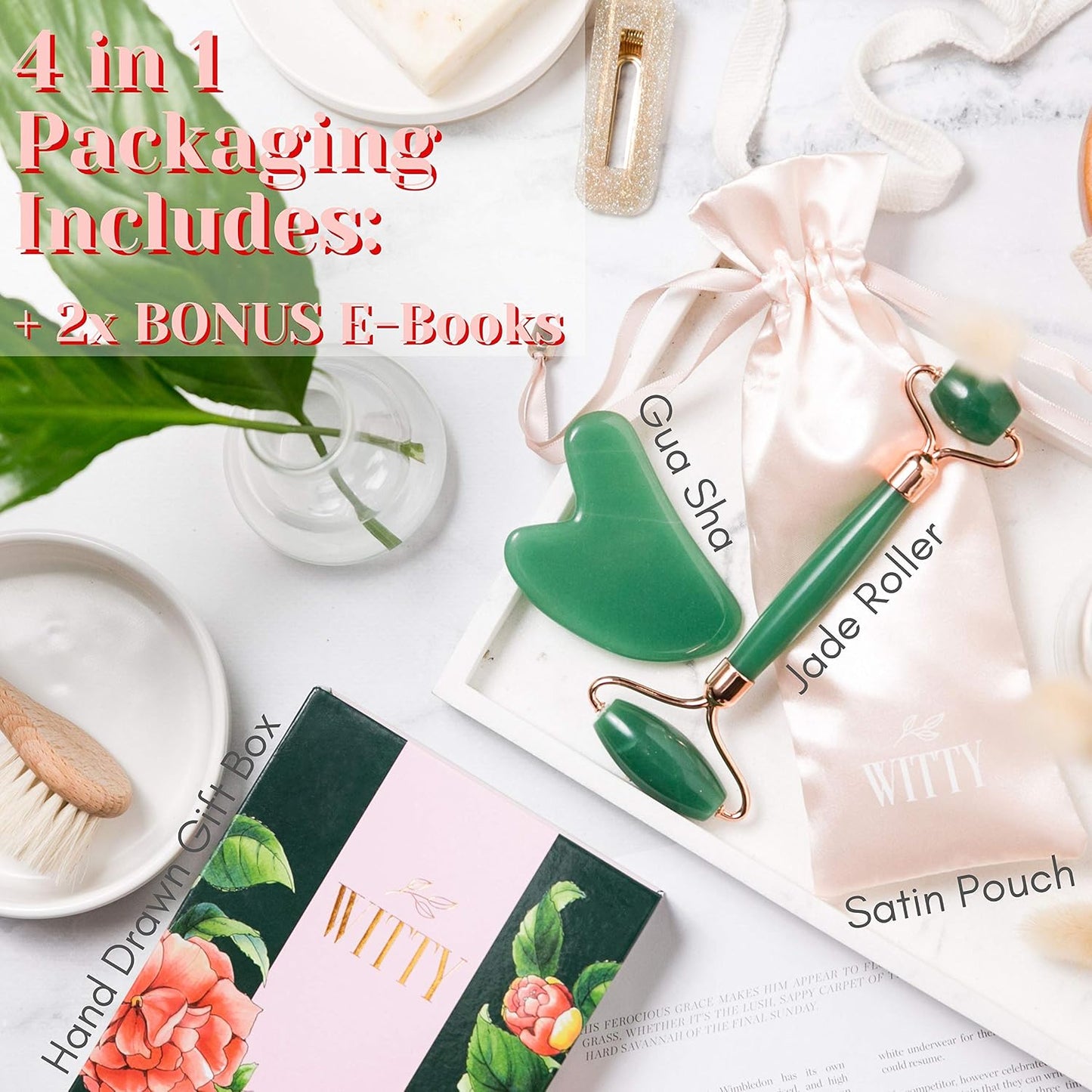Jade Face Roller and Gua Sha Set in Hand-Drawn Giftbox - Gua Sha Stone, Face Massager Roller, Beauty Massage Face Scraper Tools - Guasha Tool for Face Roller Skin Care, Eyes, Neck - Extra Pouch