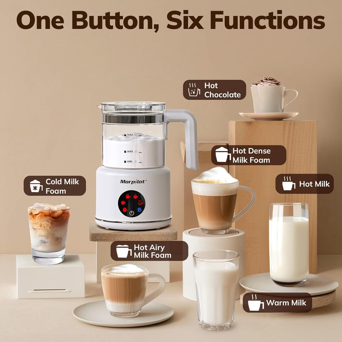 Large Electric Milk Frother and Steamer, 16.9Oz/500Ml Milk Steamer and Frother for Latte or Hot Chocolate, Dishwasher Safe, BPA Free, 6 Functions, Enjoy Perfect Milk Froth in 2 Min (White-Glass)