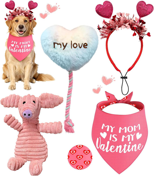 4 Pcs Pink Valentines Dog Toys - Cute Plush Squeaky Dog Toys, Cat Dog Scarf Headband for Puppy Pet to Keep Them Busy (Not for Big & Aggressive Chewer)