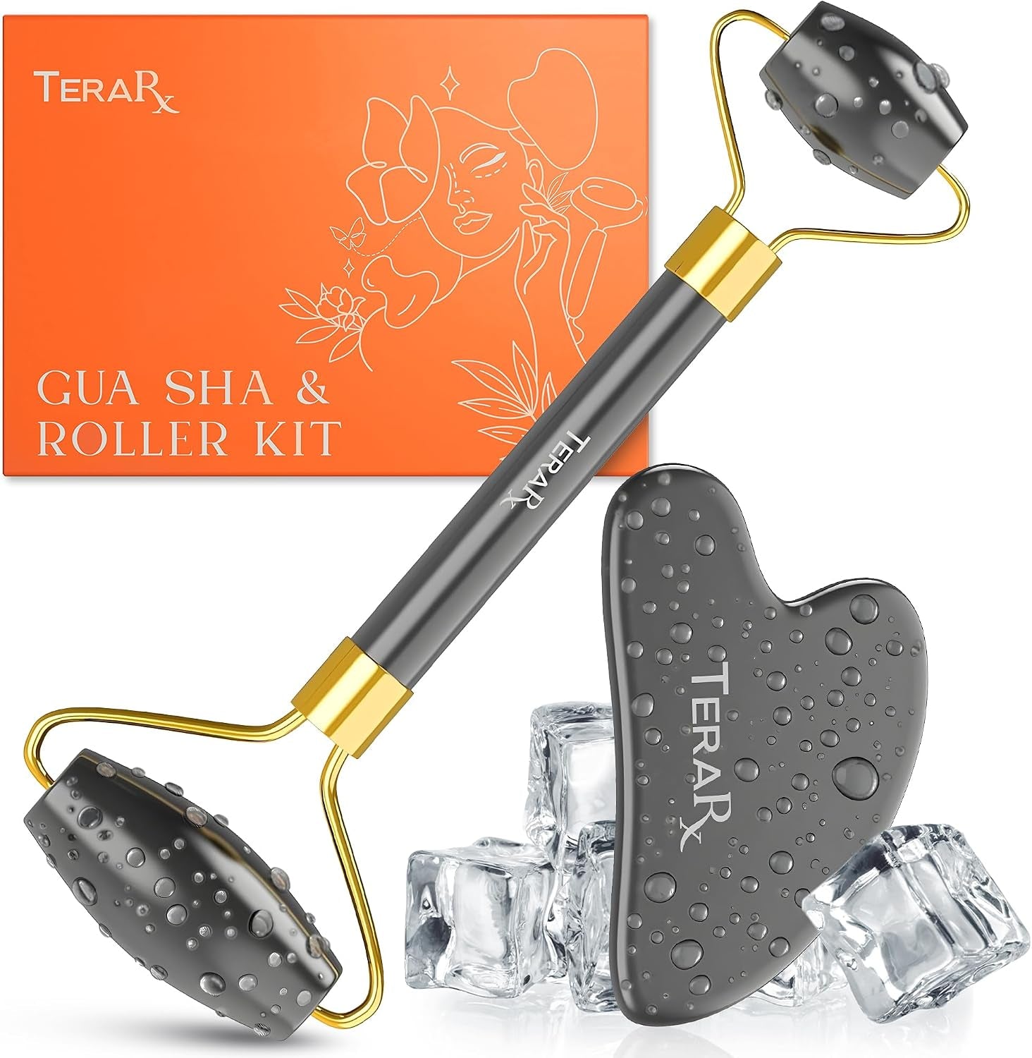 ® Terahertz Gua Sha & Facial Roller Set – 100% Authentic Terahertz Stone Face Roller to Reduce Puffiness, Improve Wrinkle Lines & Relieve Facial Tension – Perfect for Eye Massage and Relaxation